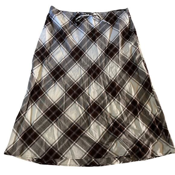 Brown White Plaid Tie Maxi Skirt Plus Size 20W Linen Academia Preppy Fall - Picture 1 of 8